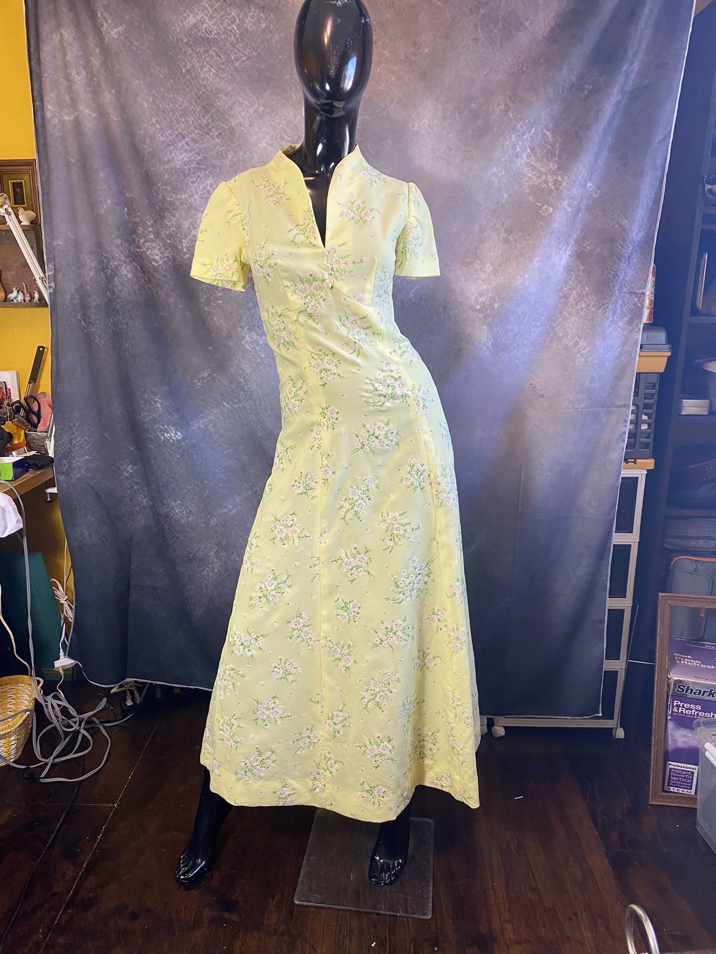 Handmade Vintage Velvet Floral Maxi Dress Suzy Wong Mandarin Collar Cottagecore