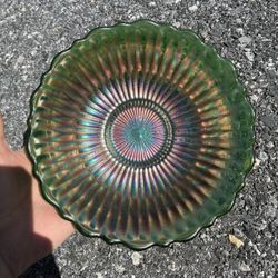 Antique Fenton Green Carnival Glass Bowl Stippled Rays Ruffled Edge Iridescent