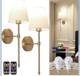 Battery Operated Wall Sconce Set of 2, Gold Rechargeable Wall Lights with Remote Control, Dimmable