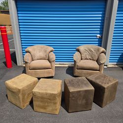 Pair of Swivel Armchairs with 4 Cube Ottomans