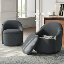 Set of 2 360° Swivel Accent Chair with Hidden Storage, Modern Upholstered Barrel Chair for Living Room, Grey