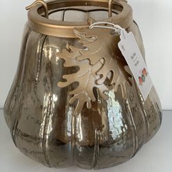 Pier 1 Pumpkin Hurricane Candle Holder Gold Amber