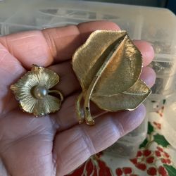 Leaf And Flower Goldtone Brooches