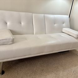 $50 White Leather Couch - Lightly Used | Cup Holders | Bed Combo