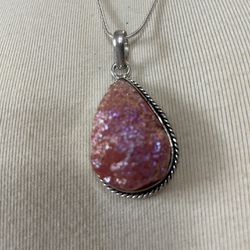 Handmade Natural Titanium Druzy Gemstone Pendant And 23” Sterling Silver Necklace 