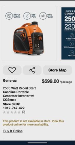 Generac 2500 Watt Recoil Start Gasoline Portable Inverter Generator with COSense – Used