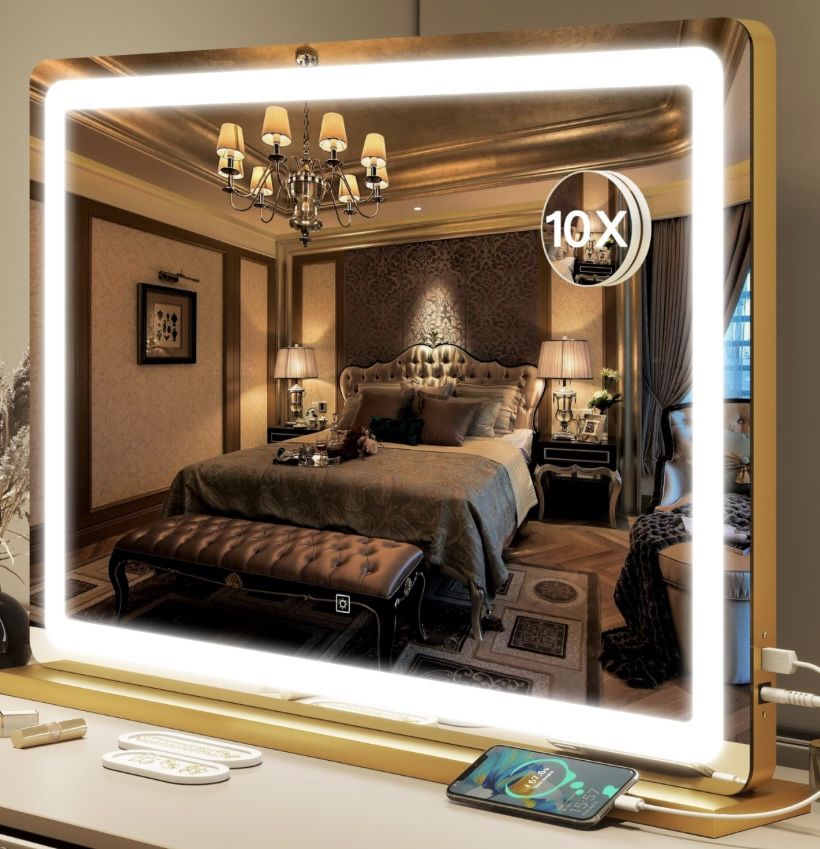 Classy & Large 31x23 Gold Trim And Stand Make Up Mirror