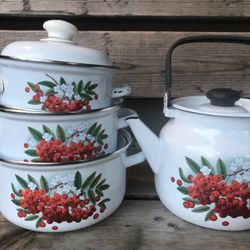 Enamel Pots And Kettle Set