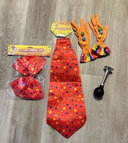 Lot 4 Pc Clown Costume Accessories Horn Tie Bow Gloves
