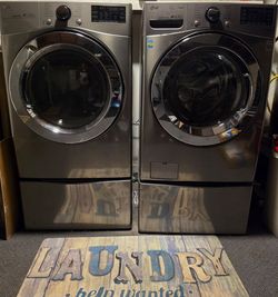 LG Oversized Front Load Washer & Gas Dryer Set + Matching Pedestals