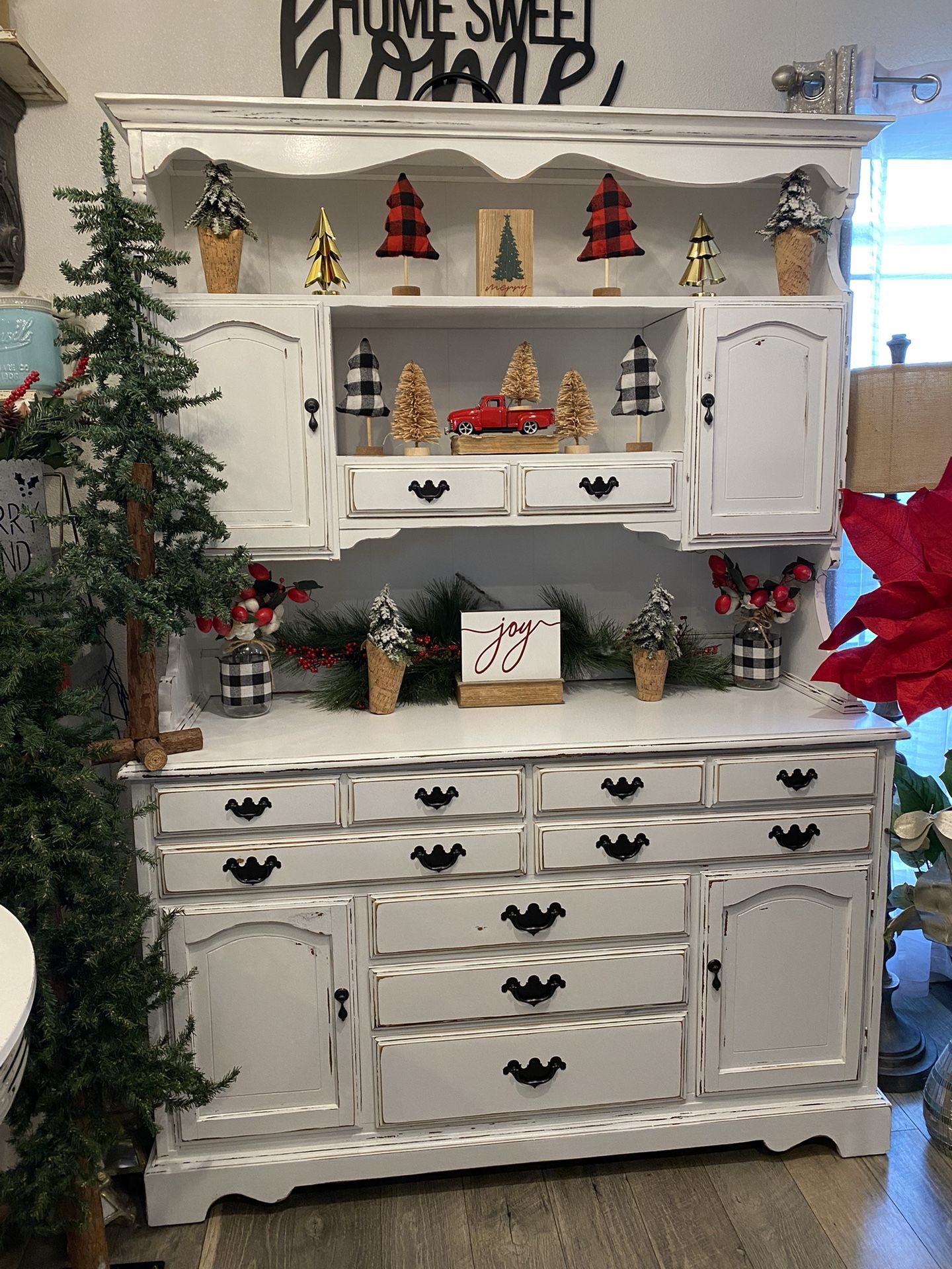 Beautiful solid wood heavily distressed 2 piece hutch 54in. W x 20in. D x 76in. H