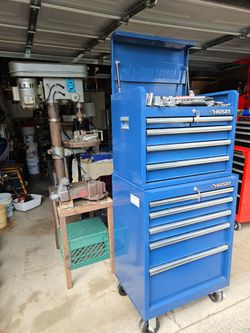 Husky Heavy Duty Rolling Toolbox Full With Tools Including Keys And Shop Drill Press 12 speed and vice.