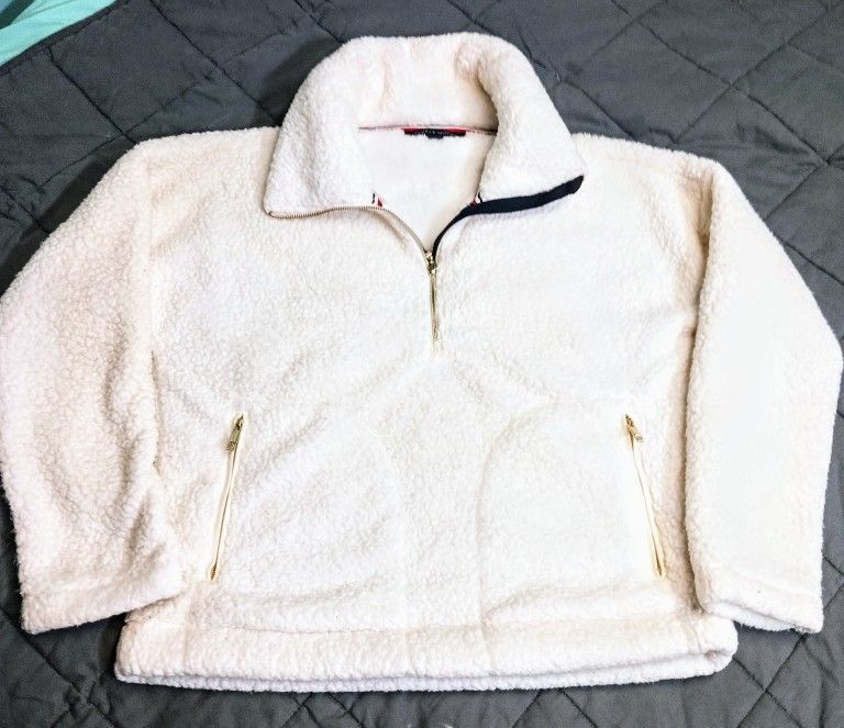 Tommy Hilfiger White Faux Fur Sherpa Fleece 1/4 Zip Women's Jacket Size S/P New