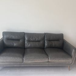 Mid-Century Modern Grey Leather Sofa