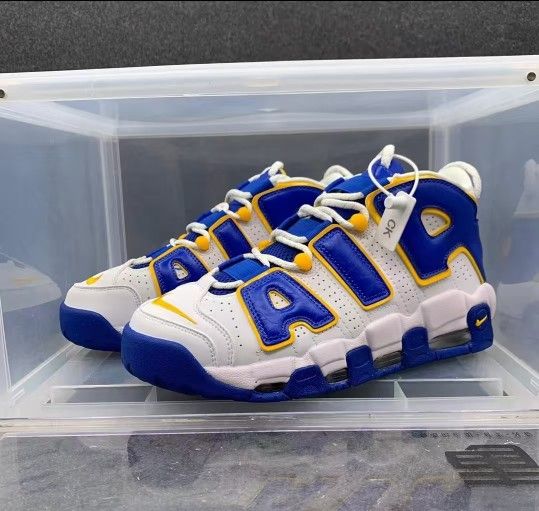 Nike Air More Uptempo Peace, Love, and Basketball Synthetic Leather Mid-top Retro Basketball Shoes Men's Black, Yellow, and Blue