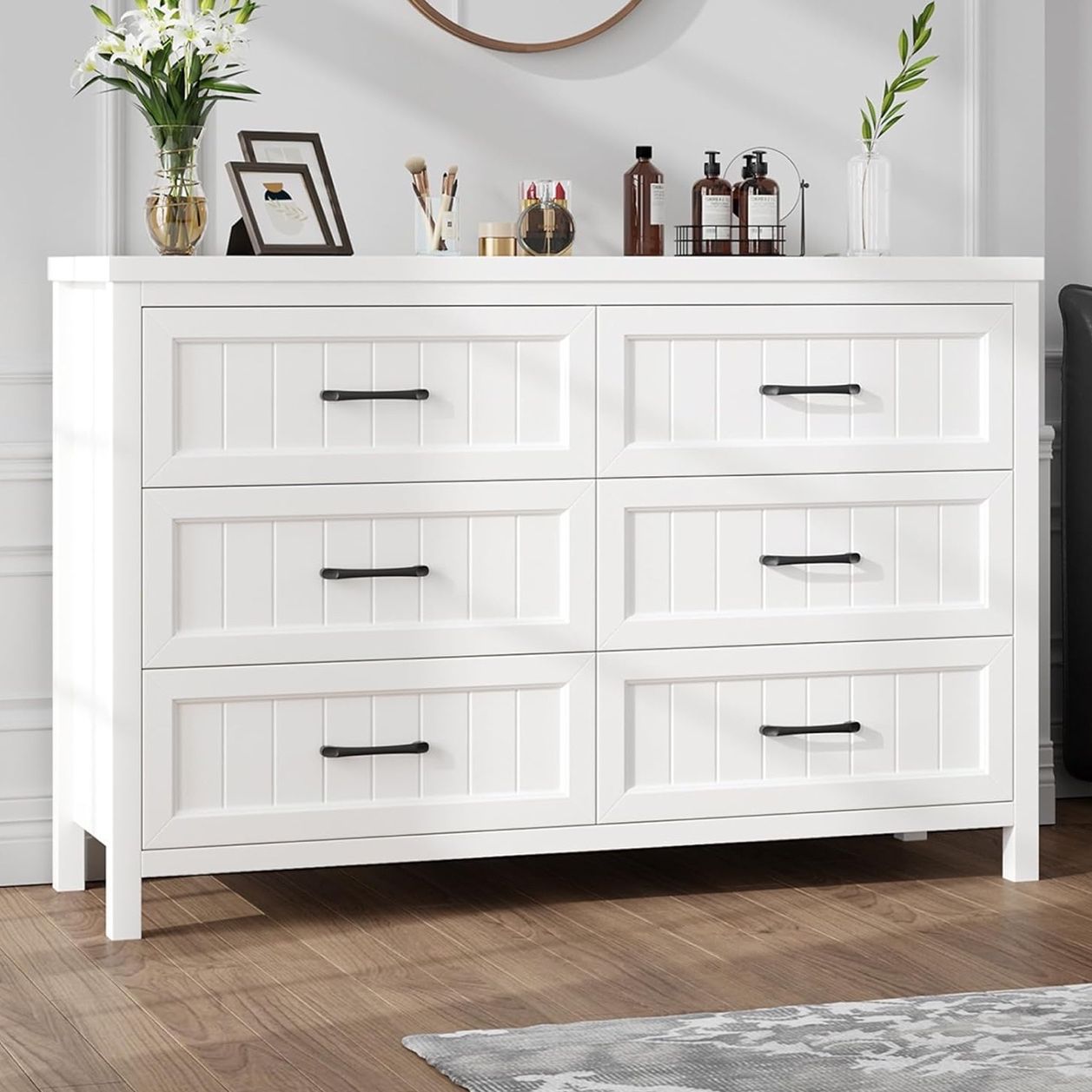 white deep drawer dresser Otryad 6-Drawer Wood Storage Cabinet with Concealed Handles and Drawers for Bedroom, Living Room, Entryway QSKB-YJ299 Built from high Garvee White Dresser for Bedroom