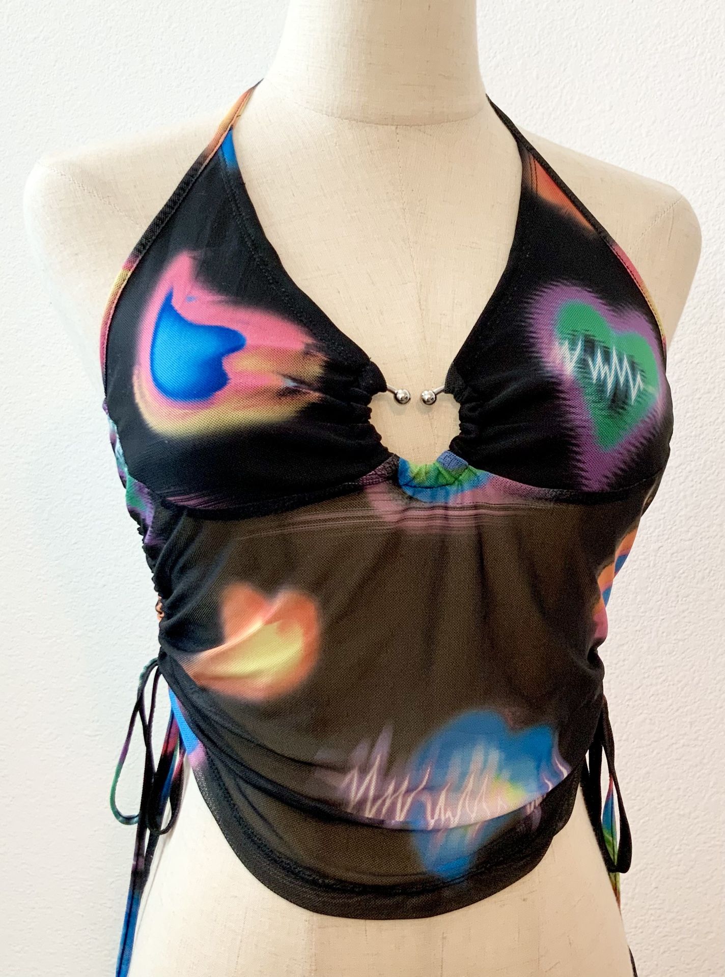 Women’s ~New~ SHEIN Tye-Dye Metal Heart W/Side Ties Halter Top Black Size Large