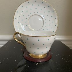 Vintage Shelley Bone China Turquoise Polka Dot Tea Cup  & Saucer