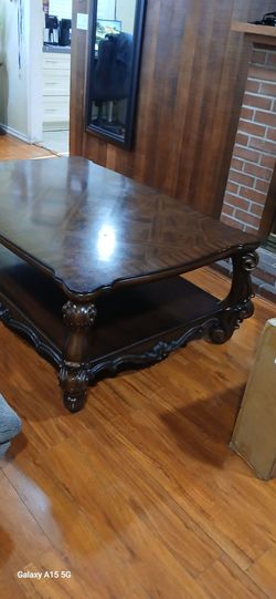 Dark Wood Ornate Coffee Table with Lower Shelf
