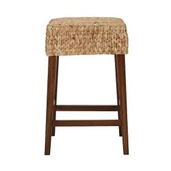 Now HDC Backless Natural Beige Woven Hyacinth Counter Stool with Walnut Legs