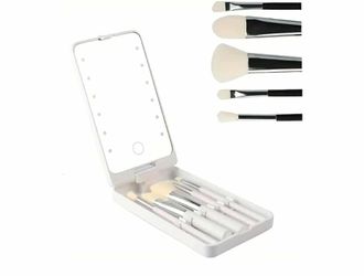 Portable Makeup Mirror With 5 Makeup Brushes Travel Case Storage Box LED Rechargeable Makeup Mirror (White)