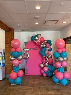 Backdrop with balloon garland and 2 stands