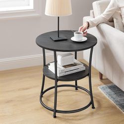 Side Table, Round End Table with 2 Shelves for Living Room, Bedroom, Small Table with Steel Frame for Smaller Spaces, Outdoor, Charcoal Gray and Black