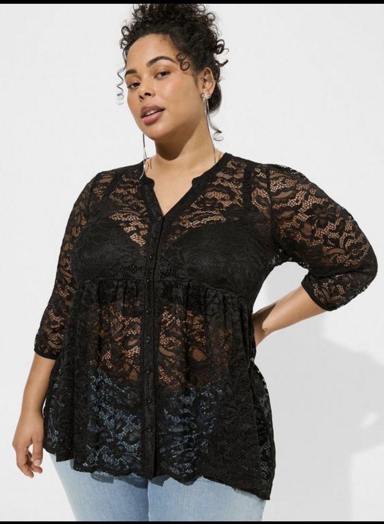 Torrid Black Sheer Lace Button Down Tunic – 1X – New (No Tags)