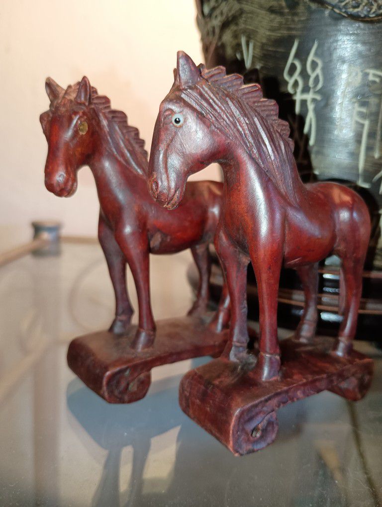 Antique Brown Wooden Horse Figurines.
