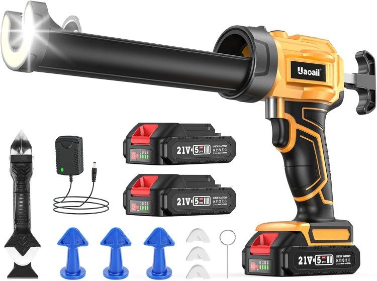 Electric Caulking Gun, Cordless Caulking Gun with 2x 2000mAh Batteries, 9Pcs Silicone Caulking Tools, 4 Adjustable Speeds, LED Light, 10OZ Drip-Free B