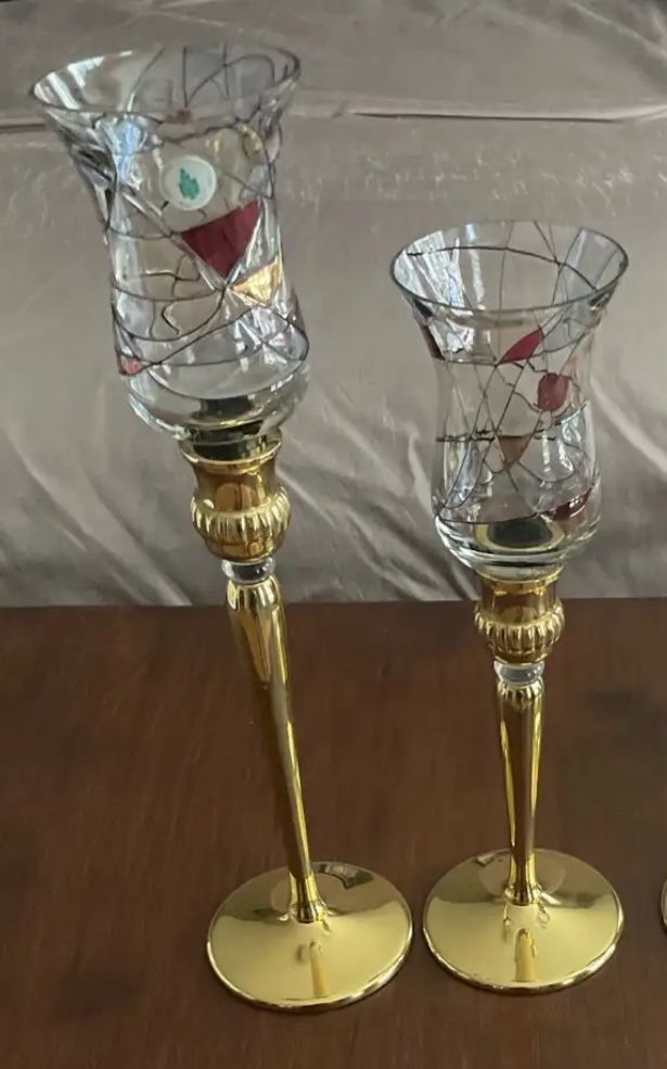 Vintage Set Of 2 Partylite Weighted Bottom Brass Candlesticks With Mosaic Peglites 9"