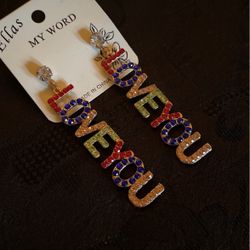 3” Gold ( I Love You) Dangle Earrings With Rhinestones,By Ellas