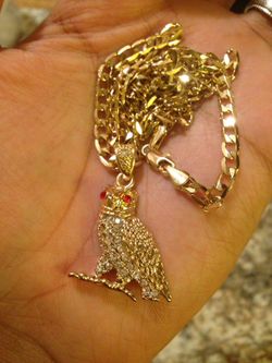 14K Gold Plated Cuban And Owl Pendant