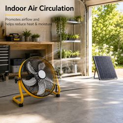 12 Yellow Solar Rechargeable Floor Fan,30W Adjustable Monocrystalline Solar Panel,Built-in 1500mAh Battery,3-Speed Remote Dual Power Fan for Home Room