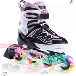 Pink Girls Adjustable Illuminating Inline Skates with Light up Wheels, Fun Flashing Beginner Roller Skates for Kids  Pink , Small-  US 6-7 inches Foot