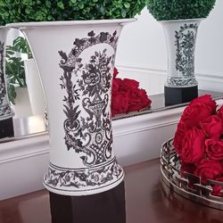 Two Tall White & Black Porcelain Vase