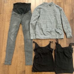 Womens Maternity Clothes Lot Size XS Jeans Sweater Nursing Tanks     Women’s maternity clothing bundle in size XS (jeans size 2) featuring gray super 