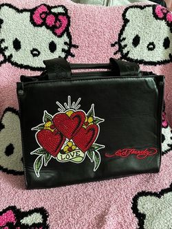 Ed Hardy Rhinestones Hearts Love Black Tote Satchel Crossbody Bag Embroidery