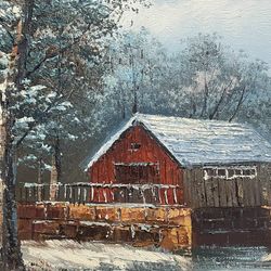 oil painting Winter farm house in the woods landscape signed