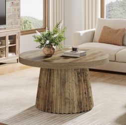 New assembled SL0082 Coffee Table, 31.5" Small Farmhouse Round Coffee Tables with Fluted Drum Base, Mid Century Modern Boho Accent Center Table for Li