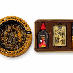 Egyptian Ashtray & Lighter Set Pharaoh Hieroglyphics Gold Black Resin Gift Set