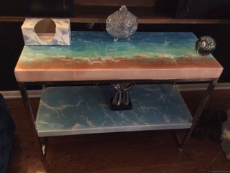HALL TABLE OR FOR ANY  ROOM …33W X 29H X 16D. TOP COATING HAND MADE WITH EXPOXY…OCEAN CRASH LOOK…