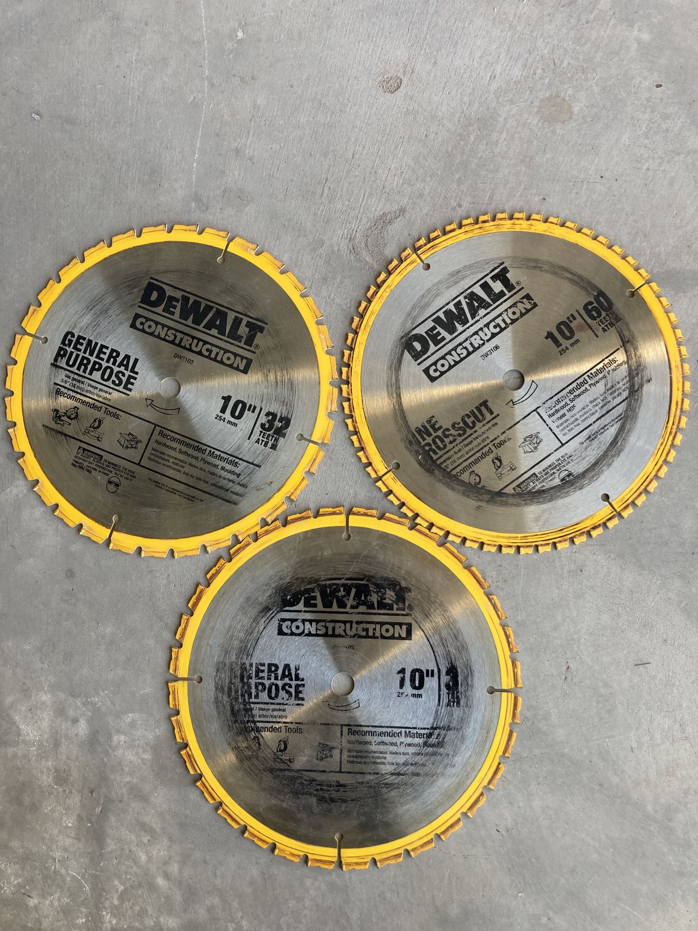 Set of 3, DEWALT 10-inch (254 mm) DW3103 General Purpose Circular Saw Blade. 32T & 60T,
