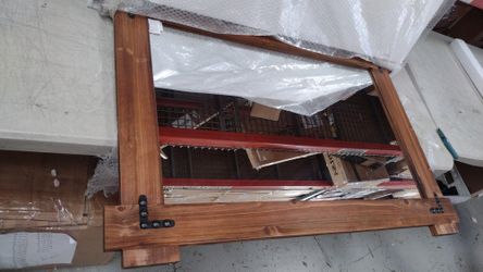 BRWH-B09FXK337M  MeMoreCool Rustic Wooden Framed Wall Mirror, Farmhouse Decorative Vanity Mirror, Wall Mounted Rectangular Mirror for Bathroom, Bedroo