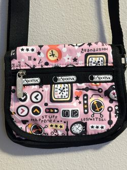 New without tags LeSportsac Mini Crossbody Pink Tick Tic Clock Bag Purse Black Adjustable Strap 