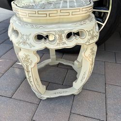 Antique Asian Chinese Chinoiserie wood side end table stool. Beautiful off white lacquer finish! Great Plant Stand. 
