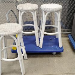 Three Stools, Bamboo And Wicker White 