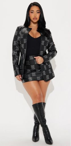Black Studded Faux Leather Blazer and Mini Skirt Set