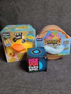 Squishy Bundle: Crazy Fun Jumbo Duck, Blue Needoh Fuzzball, RMS Plush Dumpling