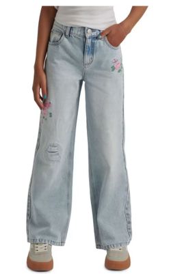 Wide Leg Floral Embroidered Light Wash Jeans